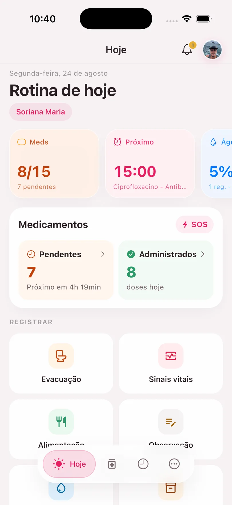 Tela Hoje do SoryCare, com a rotina do dia